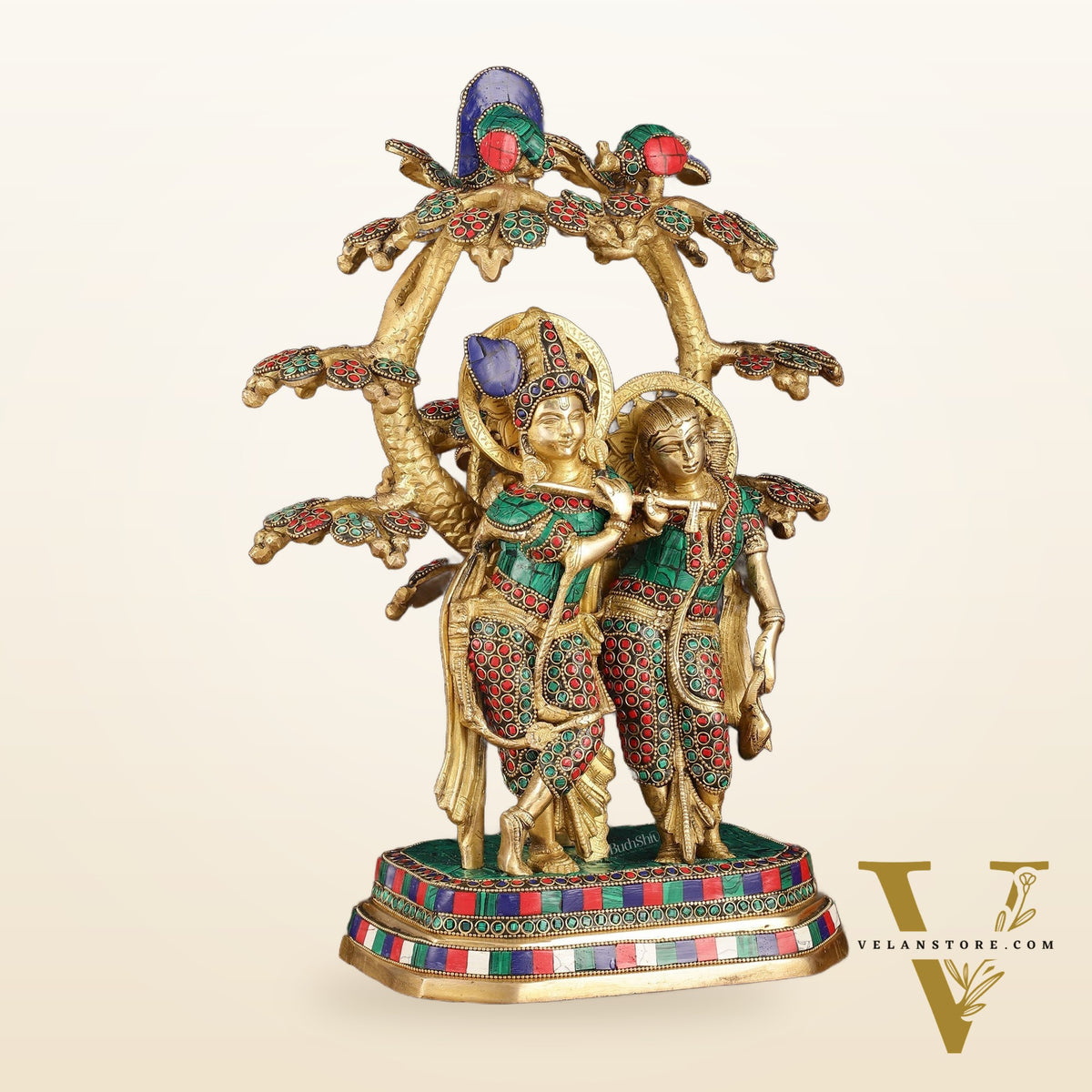 Pure Brass Radha Krishna Under Kadamba Tree Statue with Meenakari Stonework 16"