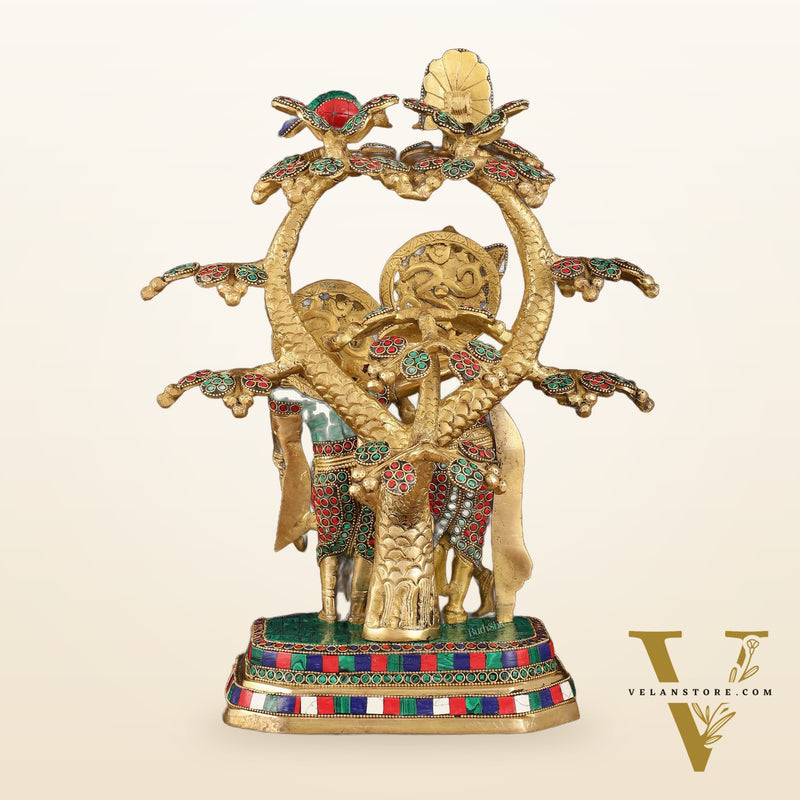 Pure Brass Radha Krishna Under Kadamba Tree Statue with Meenakari Stonework 16"