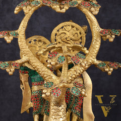 Pure Brass Radha Krishna Under Kadamba Tree Statue with Meenakari Stonework 16"