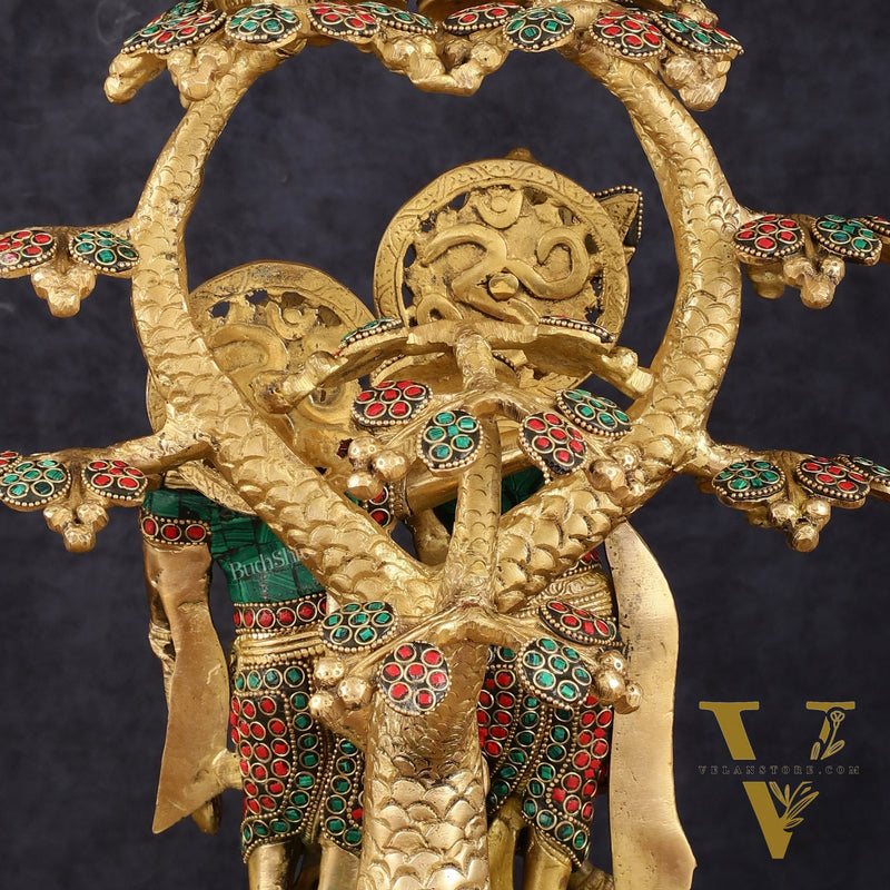 Pure Brass Radha Krishna Under Kadamba Tree Statue with Meenakari Stonework 16"