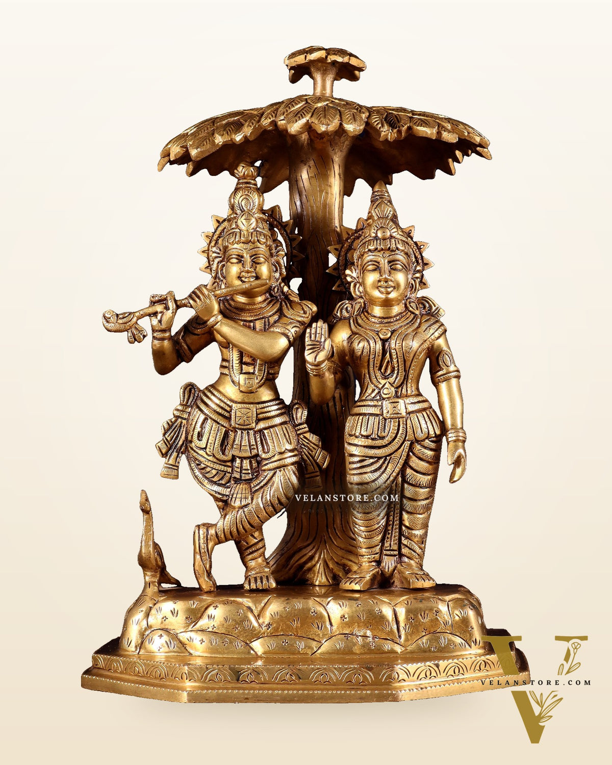 Pure Brass Radha Krishna Under Tree Idol - Height 13"
