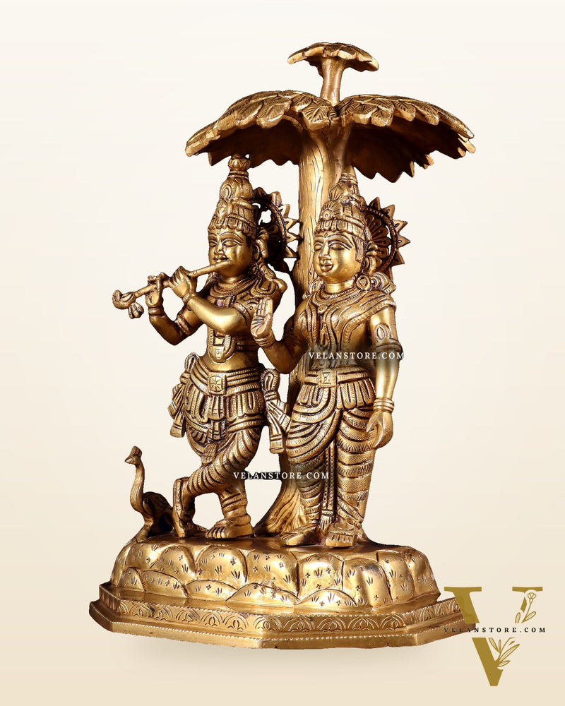 Pure Brass Radha Krishna Under Tree Idol - Height 13"