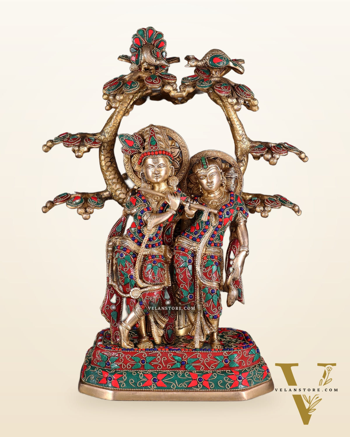Pure Brass Radha Krishna Under Tree Statue floral Stonework 16"