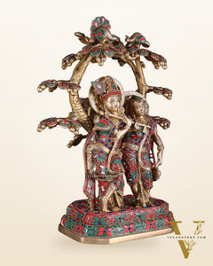 Pure Brass Radha Krishna Under Tree Statue floral Stonework 16"