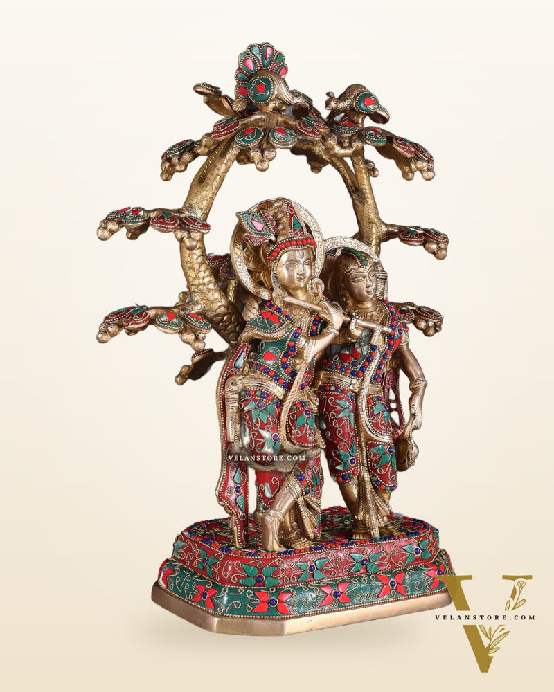 Pure Brass Radha Krishna Under Tree Statue floral Stonework 16"