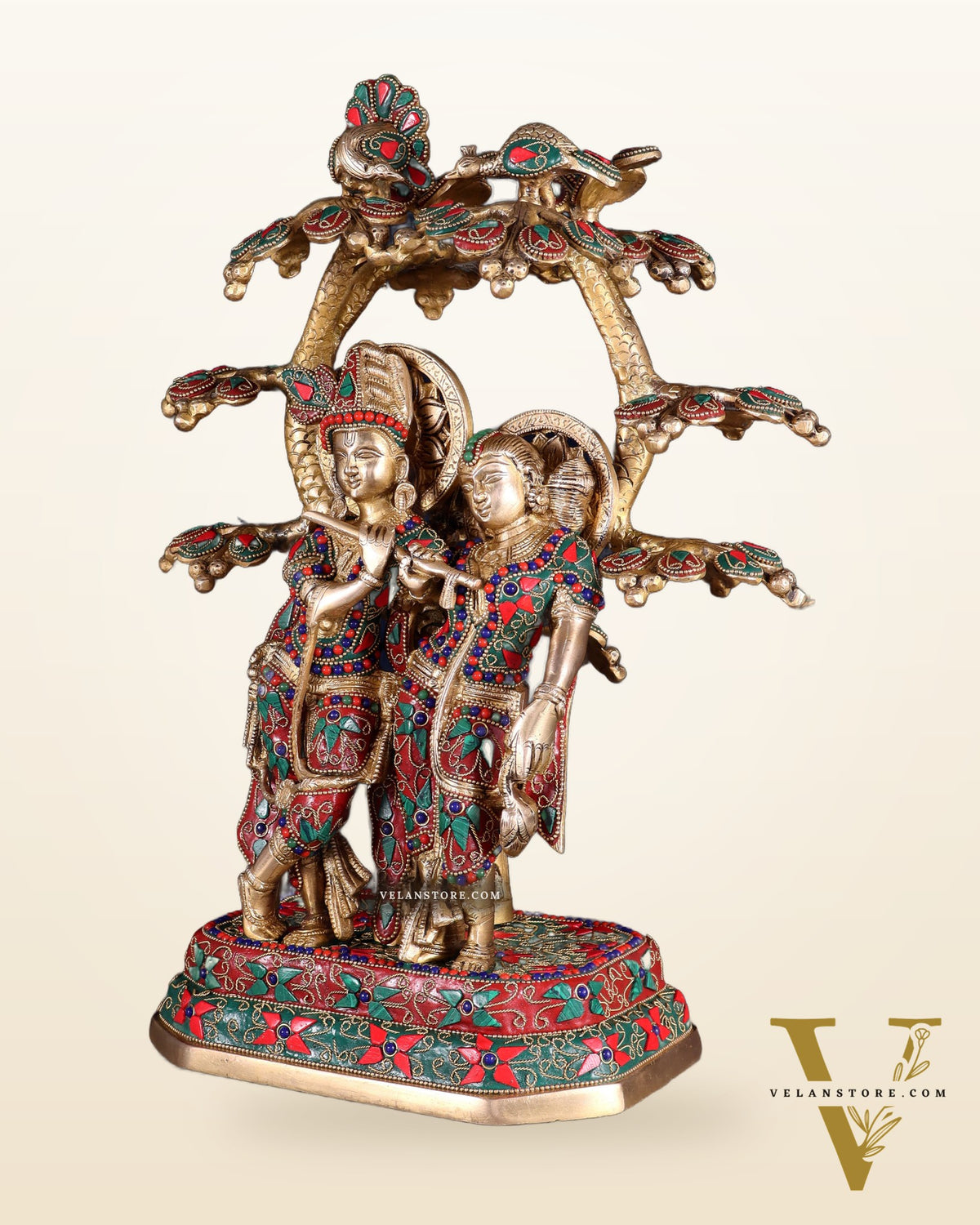 Pure Brass Radha Krishna Under Tree Statue floral Stonework 16"