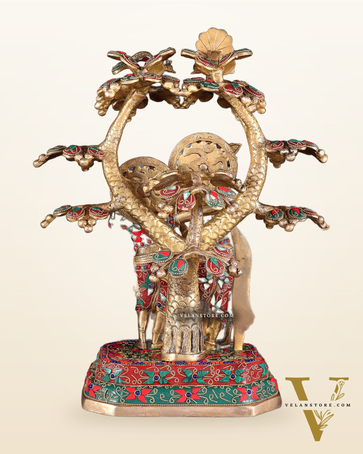 Pure Brass Radha Krishna Under Tree Statue floral Stonework 16"