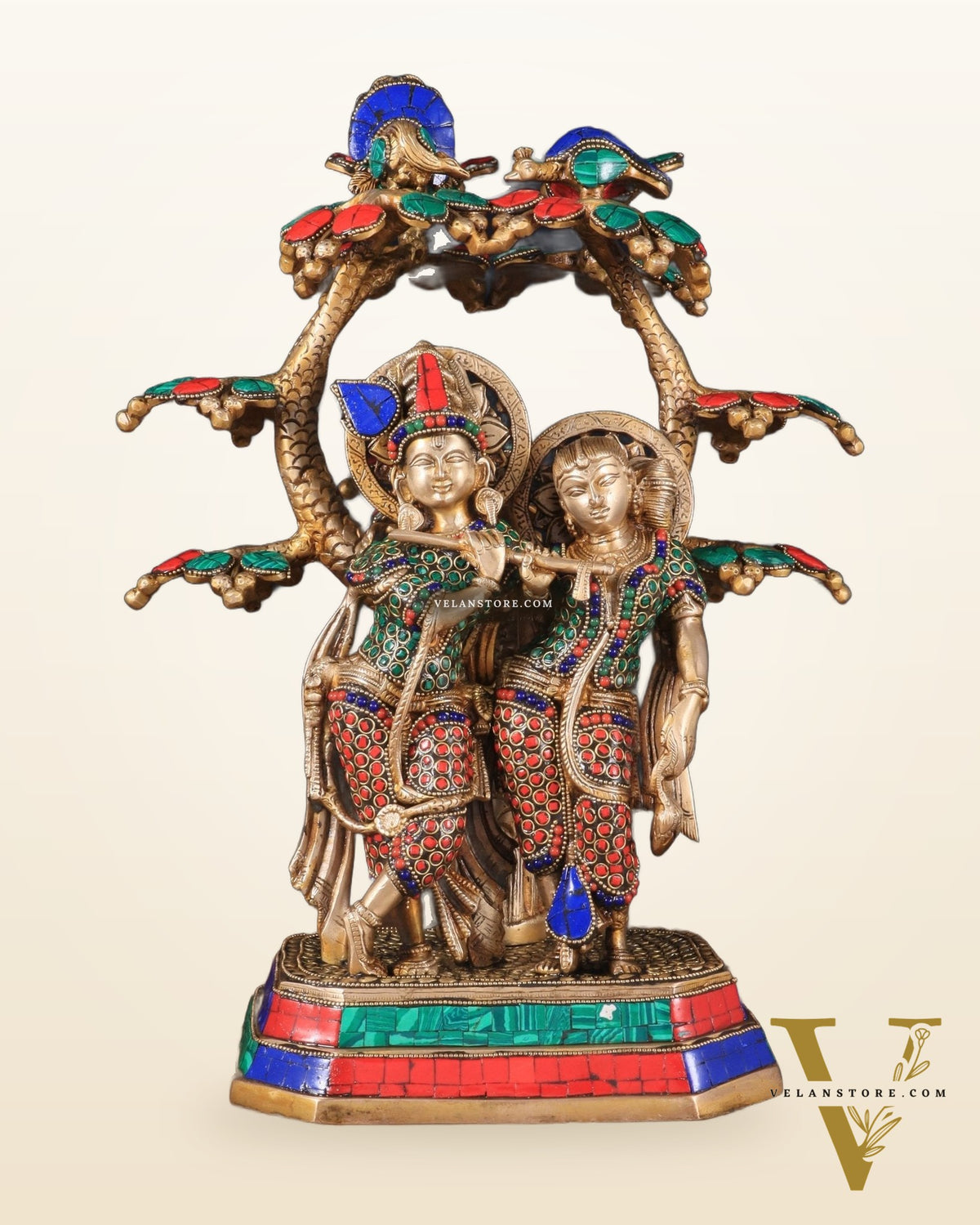 Pure Brass Radha Krishna Under Tree Statue with Stonework 16"