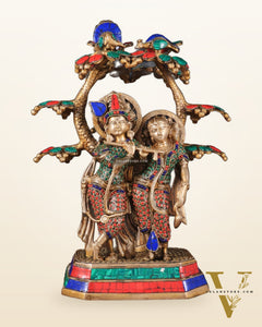 Pure Brass Radha Krishna Under Tree Statue with Stonework 16"