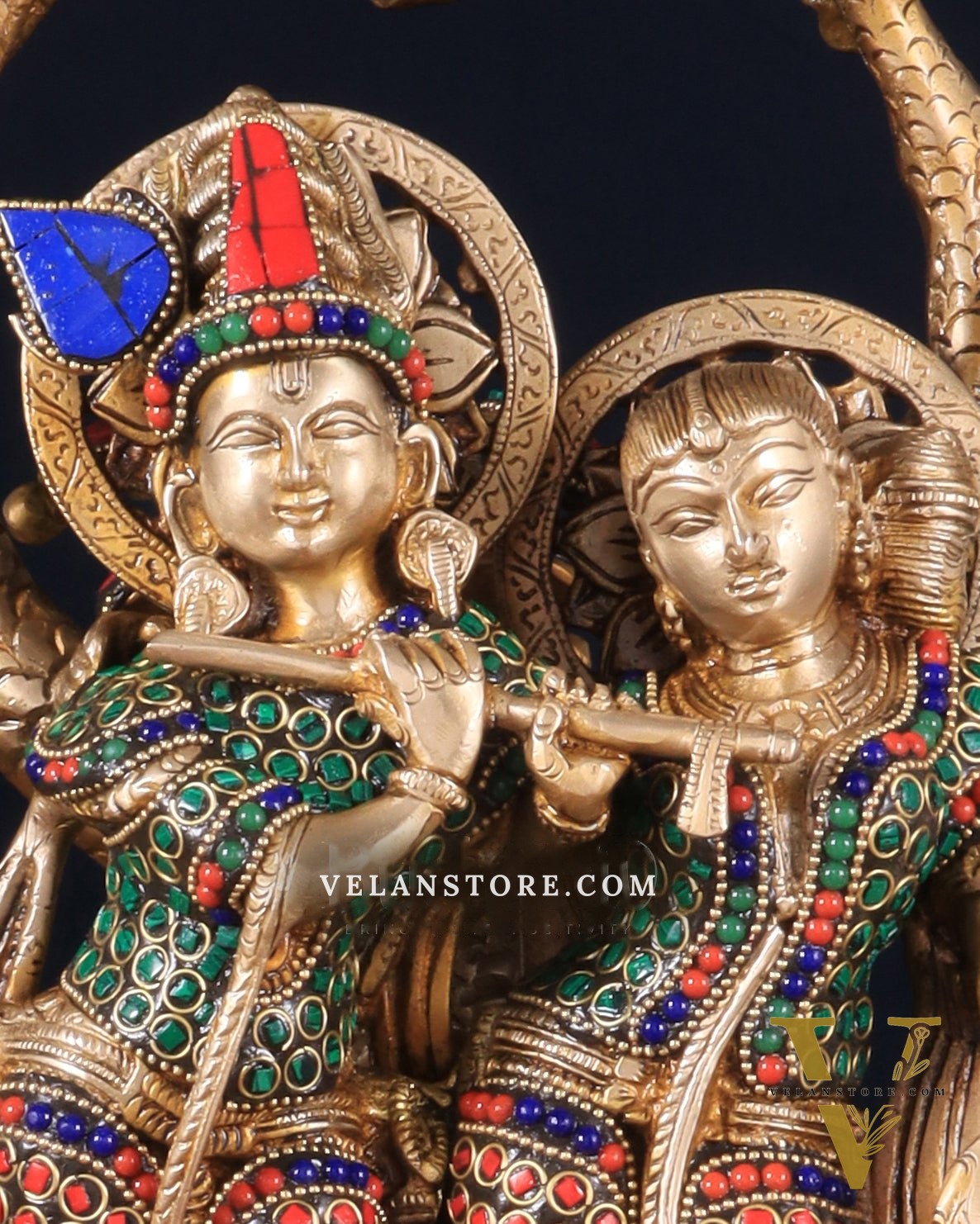 Pure Brass Radha Krishna Under Tree Statue with Stonework 16"