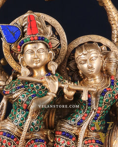 Pure Brass Radha Krishna Under Tree Statue with Stonework 16"