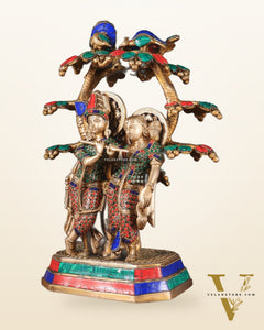 Pure Brass Radha Krishna Under Tree Statue with Stonework 16"
