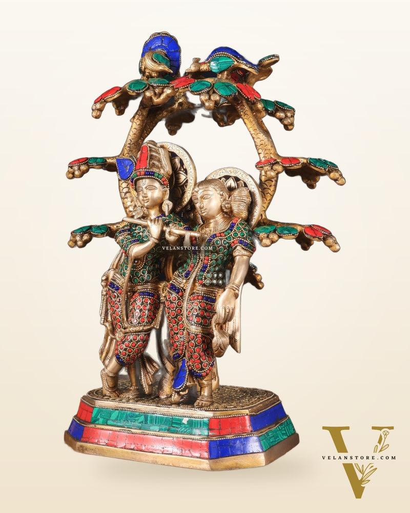 Pure Brass Radha Krishna Under Tree Statue with Stonework 16"