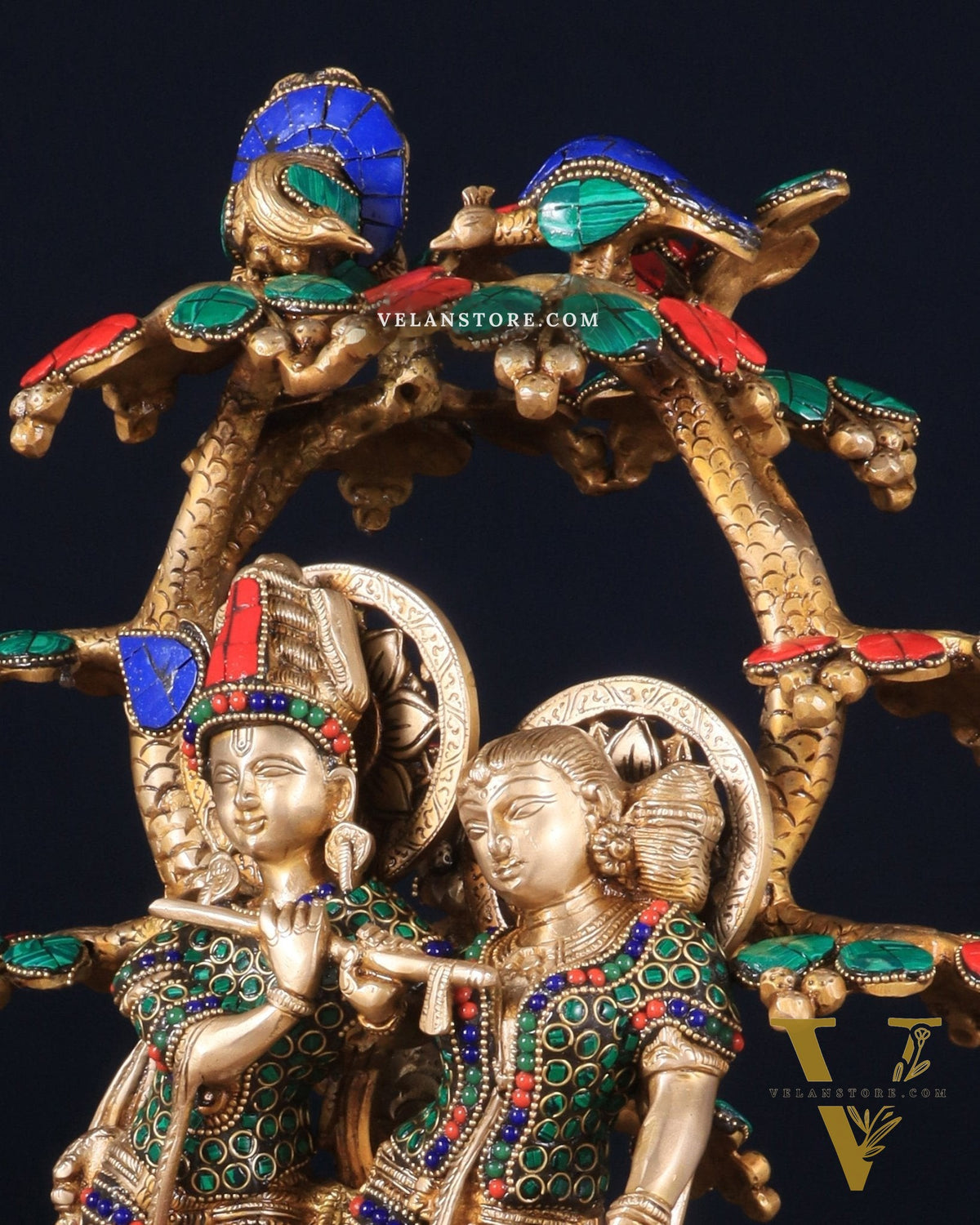 Pure Brass Radha Krishna Under Tree Statue with Stonework 16"