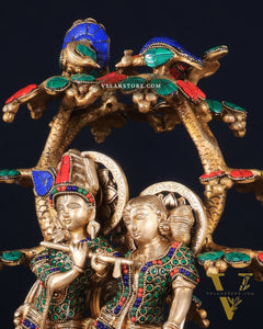 Pure Brass Radha Krishna Under Tree Statue with Stonework 16"