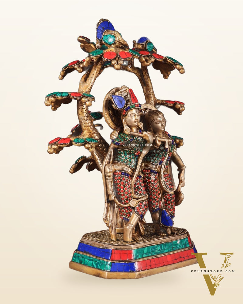 Pure Brass Radha Krishna Under Tree Statue with Stonework 16"