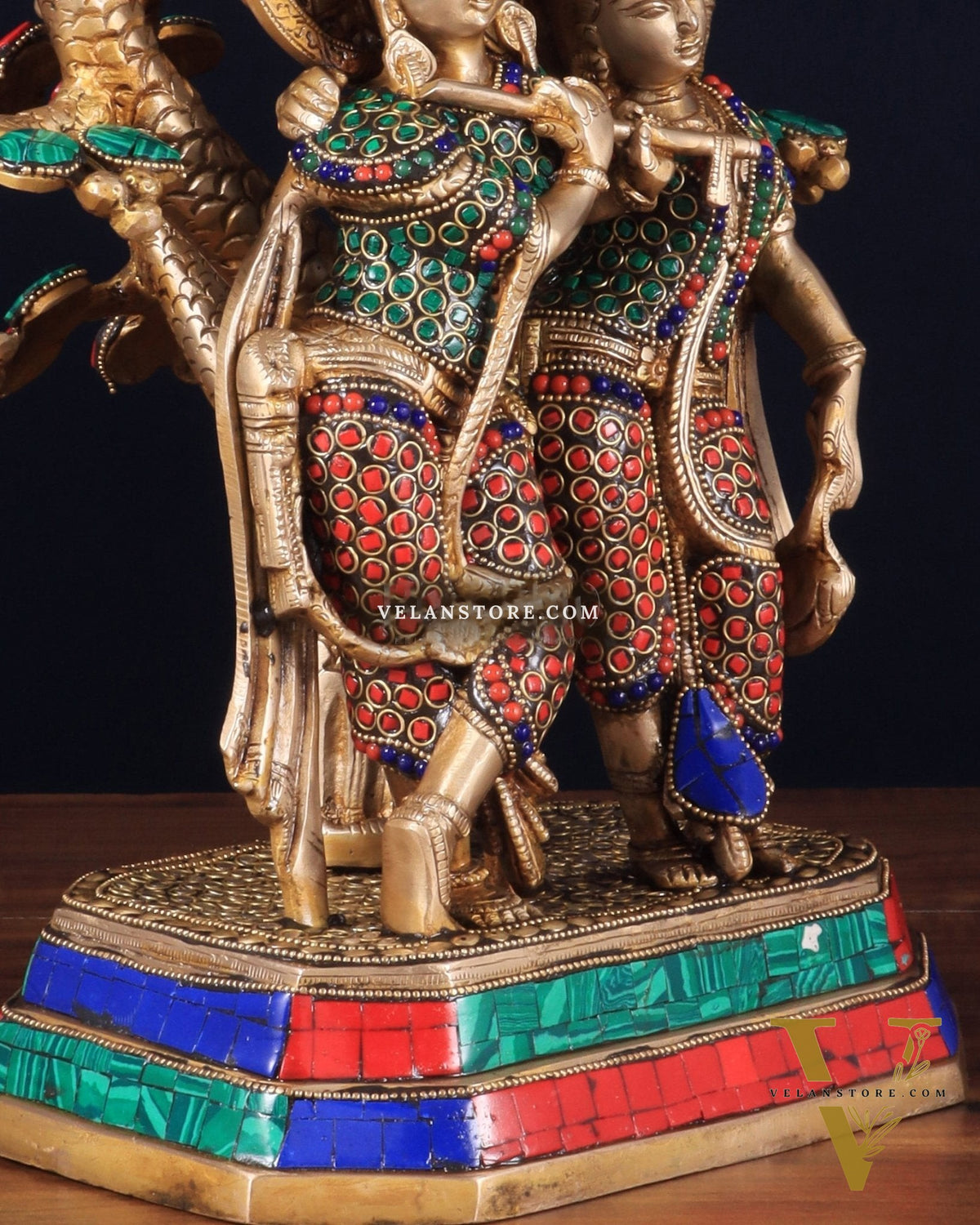 Pure Brass Radha Krishna Under Tree Statue with Stonework 16"