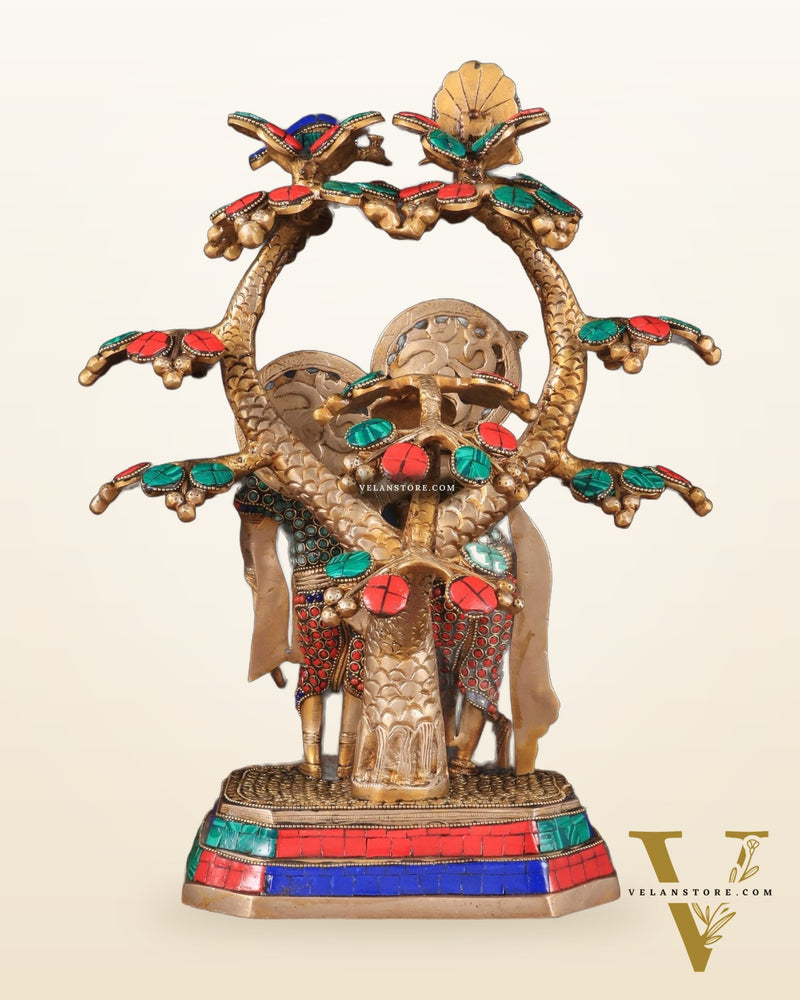 Pure Brass Radha Krishna Under Tree Statue with Stonework 16"