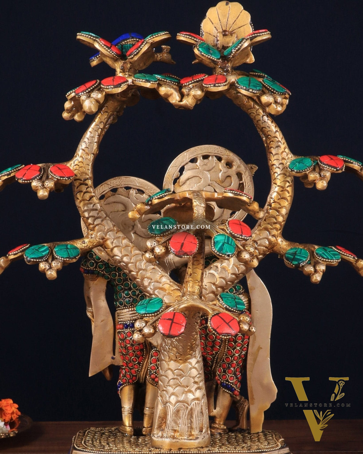 Pure Brass Radha Krishna Under Tree Statue with Stonework 16"