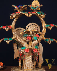 Pure Brass Radha Krishna Under Tree Statue with Stonework 16"