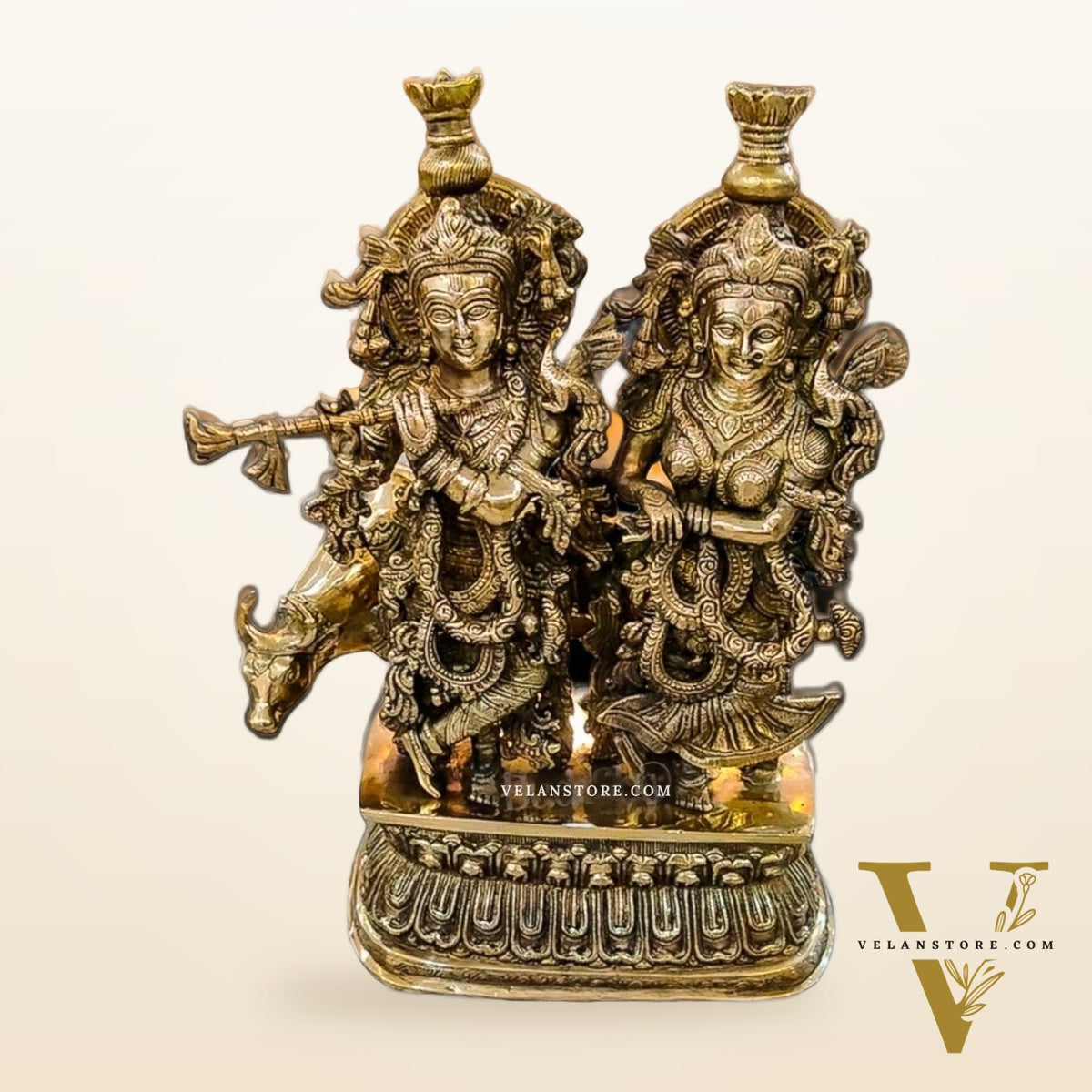 Pure Brass Radha Krishna with cow 21 inches