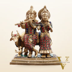 Pure Brass Radha Krishna with Cow Idol - Meenakari Stonework - 7"
