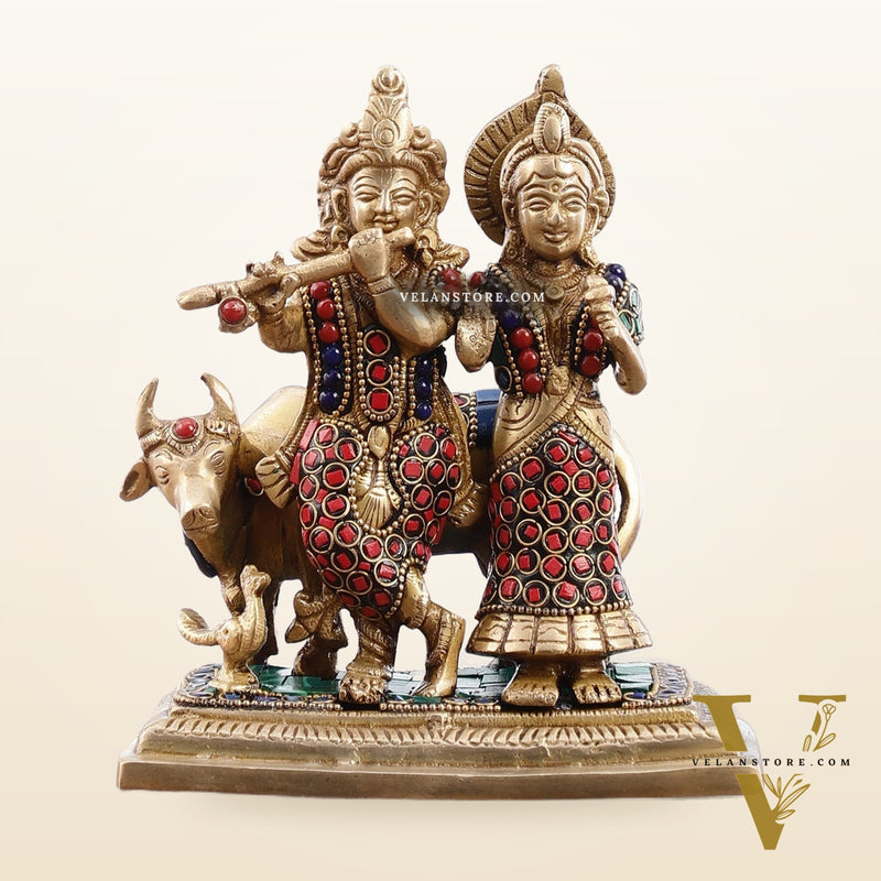 Pure Brass Radha Krishna with Cow Idol - Meenakari Stonework - 7"