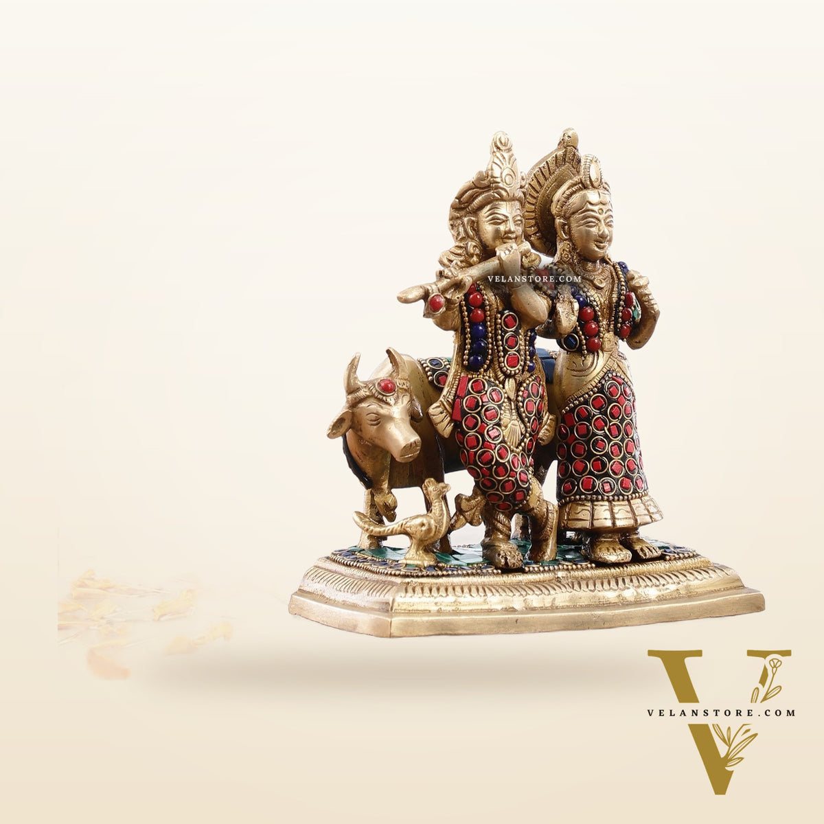 Pure Brass Radha Krishna with Cow Idol - Meenakari Stonework - 7"