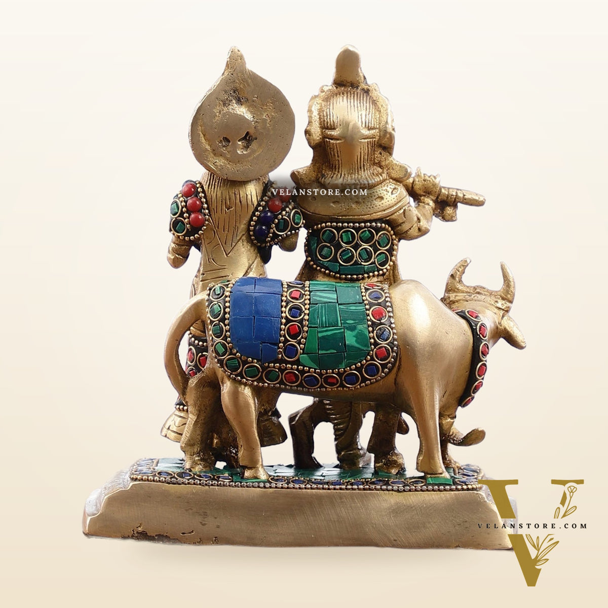 Pure Brass Radha Krishna with Cow Idol - Meenakari Stonework - 7"