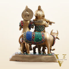 Pure Brass Radha Krishna with Cow Idol - Meenakari Stonework - 7"
