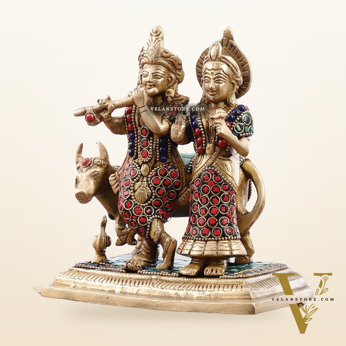 Pure Brass Radha Krishna with Cow Idol - Meenakari Stonework - 7"