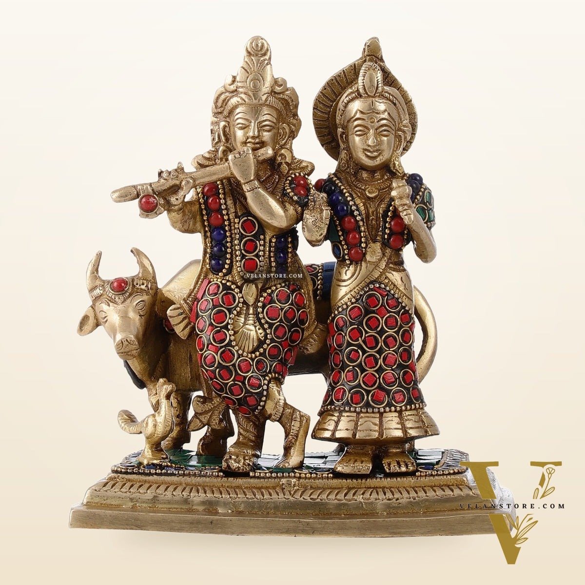 Pure Brass Radha Krishna with Cow Idol - Meenakari Stonework - 7"