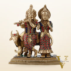 Pure Brass Radha Krishna with Cow Idol - Meenakari Stonework - 7"