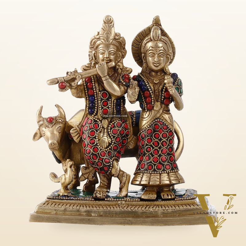 Pure Brass Radha Krishna with Cow Idol - Meenakari Stonework - 7"