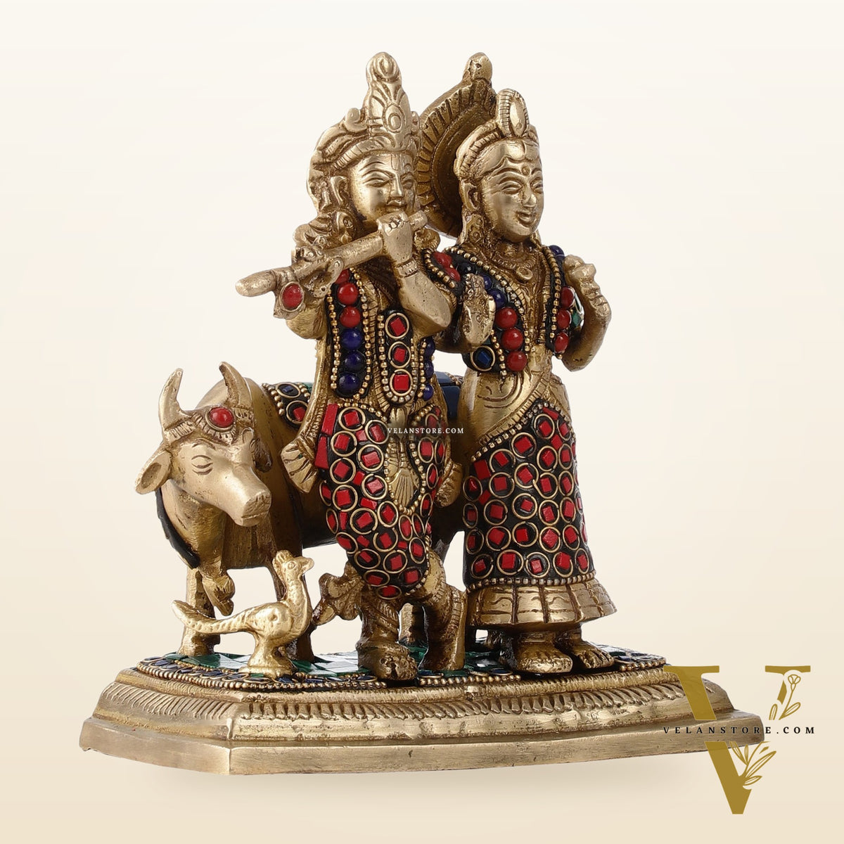 Pure Brass Radha Krishna with Cow Idol - Meenakari Stonework - 7"