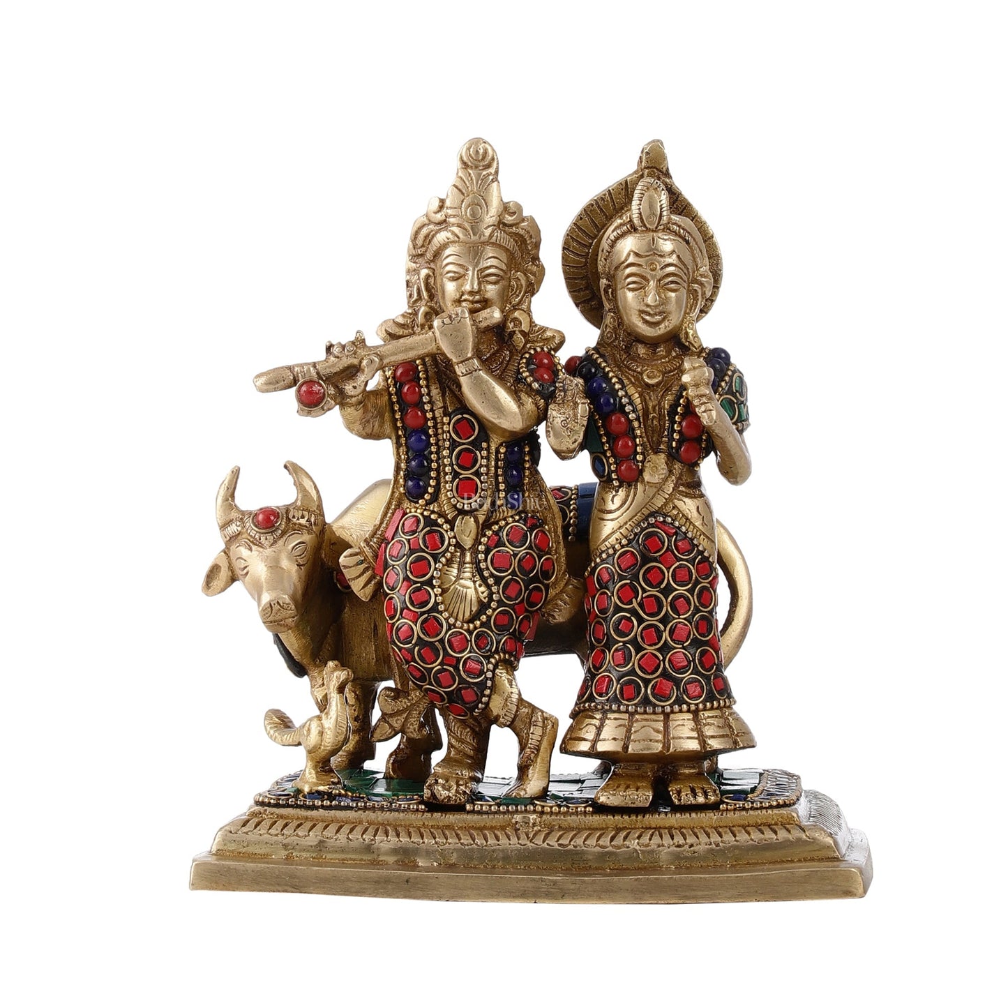 Pure Brass Radha Krishna with Cow Idol - Meenakari Stonework - 7"