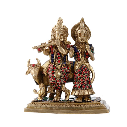 Pure Brass Radha Krishna with Cow Idol - Meenakari Stonework - 7"