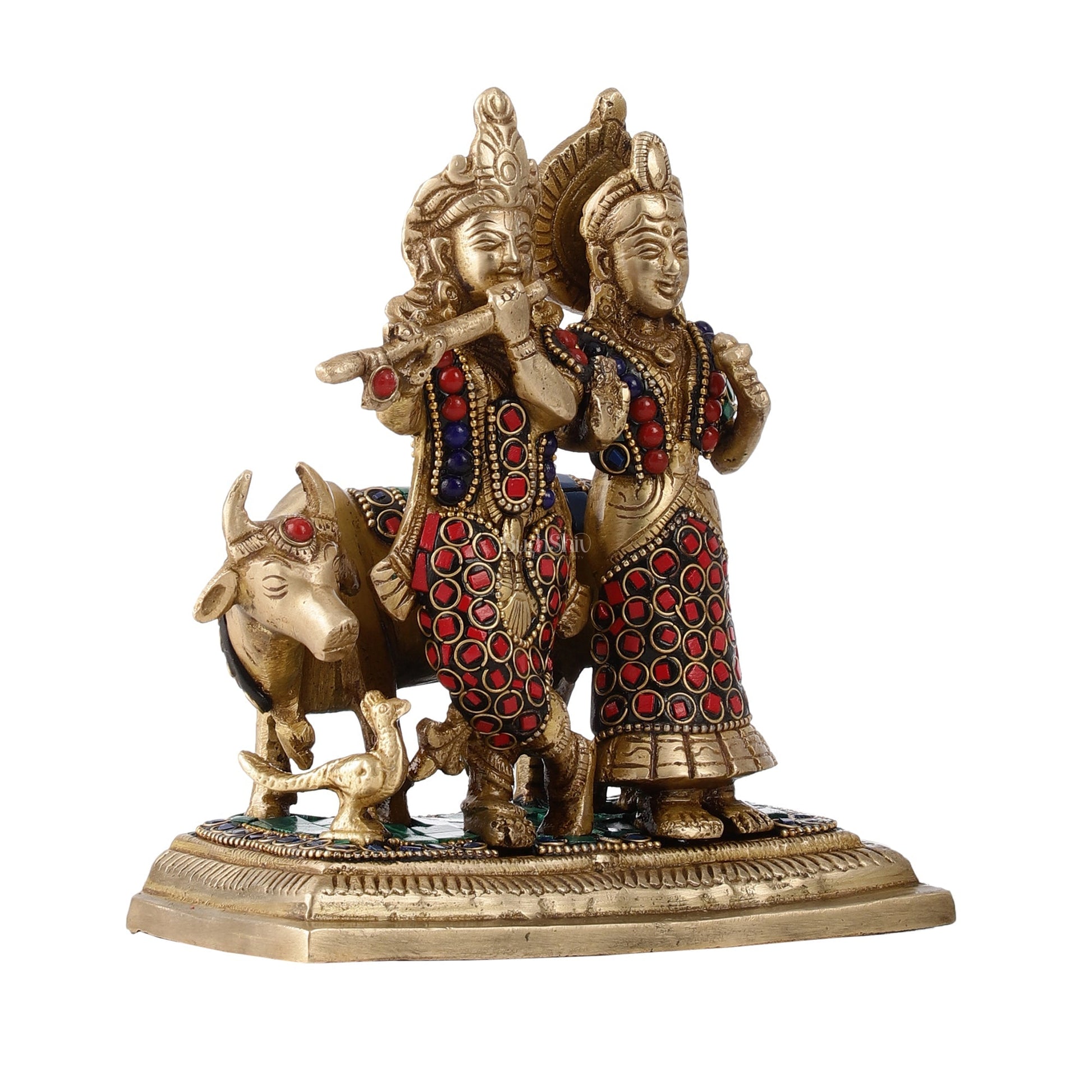 Pure Brass Radha Krishna with Cow Idol - Meenakari Stonework - 7"