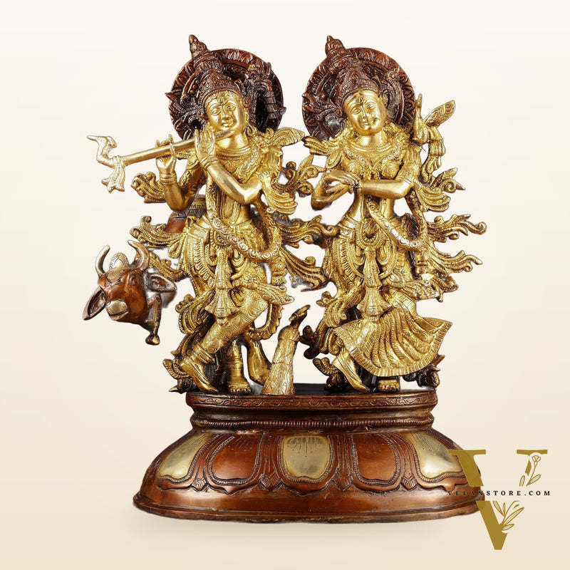 Pure Brass Radha Krishna with Cow Statue | Dual Tone | Height: 16.5 inch