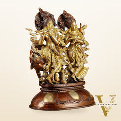 Pure Brass Radha Krishna with Cow Statue | Dual Tone | Height: 16.5 inch