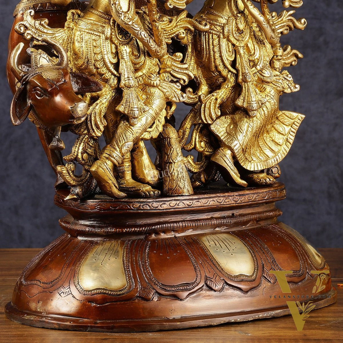Pure Brass Radha Krishna with Cow Statue | Dual Tone | Height: 16.5 inch