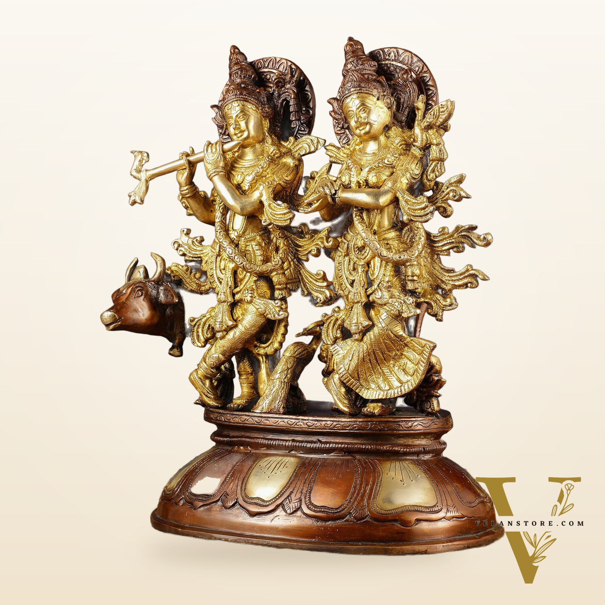 Pure Brass Radha Krishna with Cow Statue | Dual Tone | Height: 16.5 inch