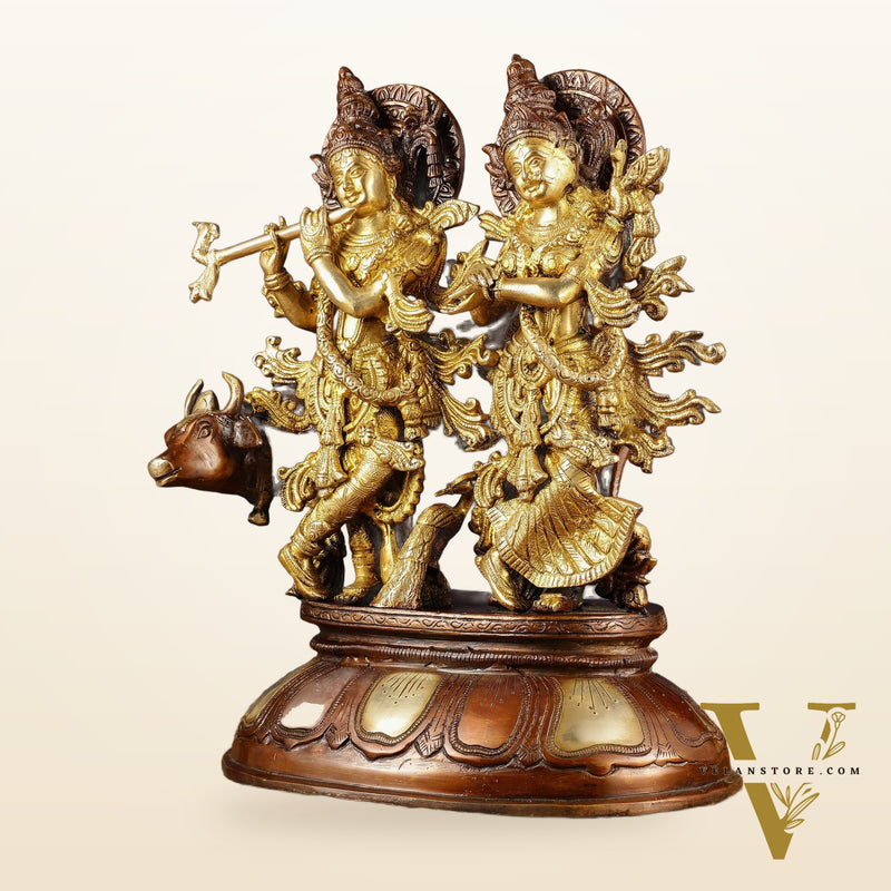 Pure Brass Radha Krishna with Cow Statue | Dual Tone | Height: 16.5 inch