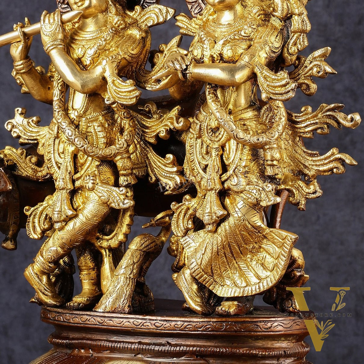 Pure Brass Radha Krishna with Cow Statue | Dual Tone | Height: 16.5 inch