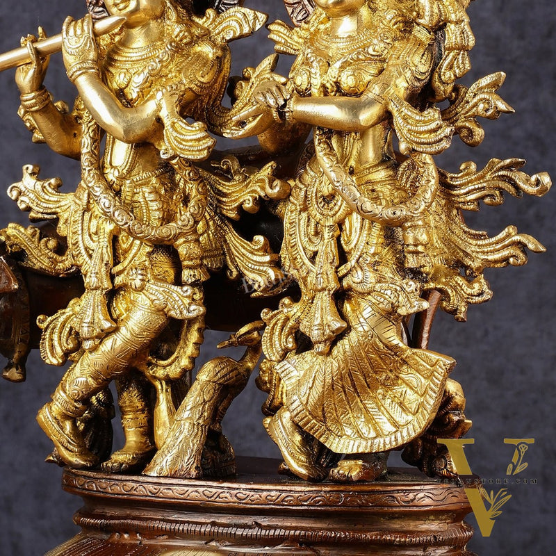 Pure Brass Radha Krishna with Cow Statue | Dual Tone | Height: 16.5 inch