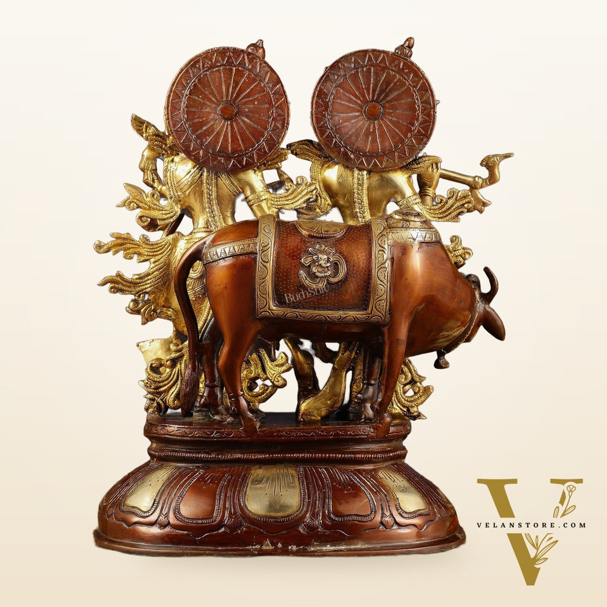 Pure Brass Radha Krishna with Cow Statue | Dual Tone | Height: 16.5 inch