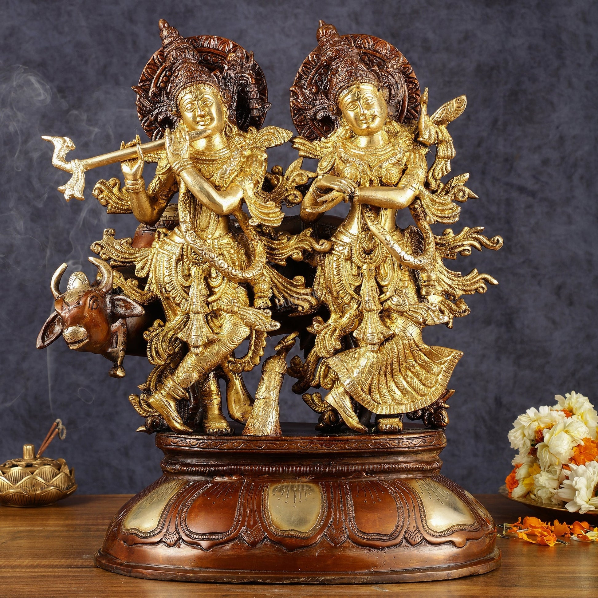 Pure Brass Radha Krishna with Cow Statue | Dual Tone | Height: 16.5 inch