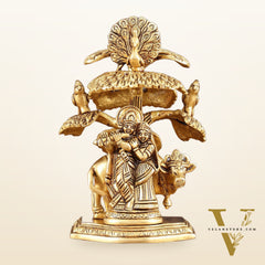 Pure Brass Radha Krishna with Cow Under Tree Idol - 7" Height