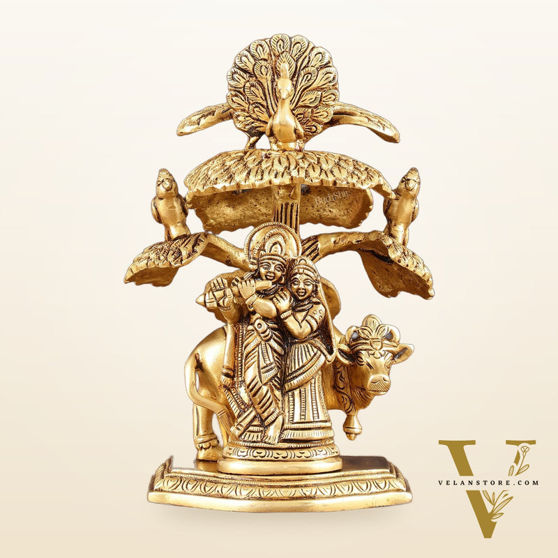Pure Brass Radha Krishna with Cow Under Tree Idol - 7" Height