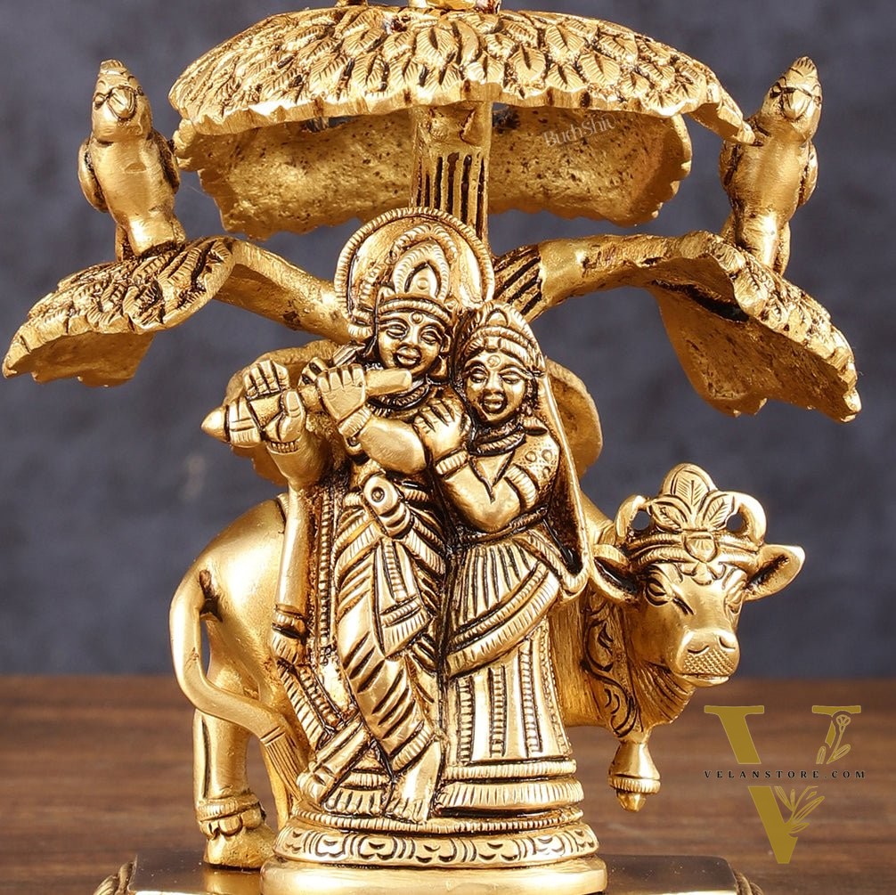 Pure Brass Radha Krishna with Cow Under Tree Idol - 7" Height